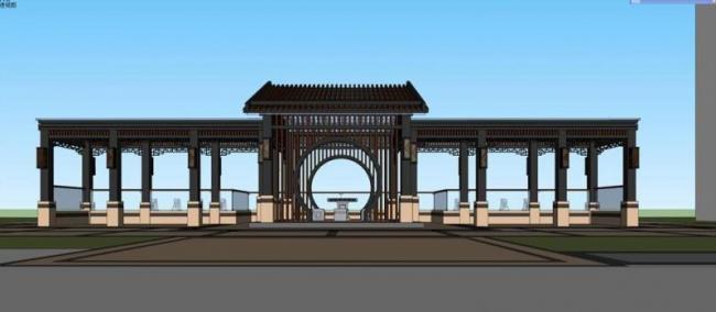 Sketchup小品模型|广场廊架，新中式风格