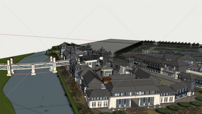 Sketchup酒店模型|多层酒店，民俗风情度假村，中式风格