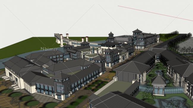 Sketchup酒店模型|多层酒店，民俗风情度假村，中式风格