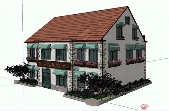 Sketchup商业模型|多层餐厅坡屋顶农家宴饭店，古典风格