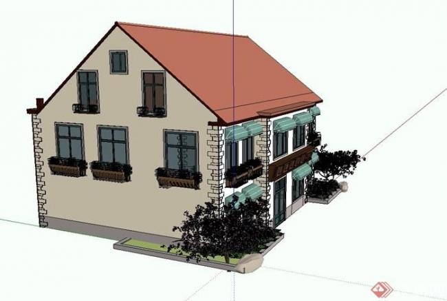 Sketchup商业模型|多层餐厅坡屋顶农家宴饭店，古典风格