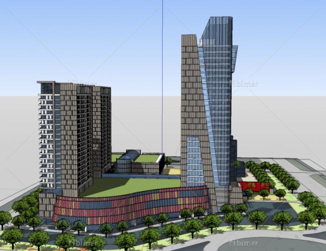 Sketchup综合体模型|多高层混合商业综合楼综合体，现代风格