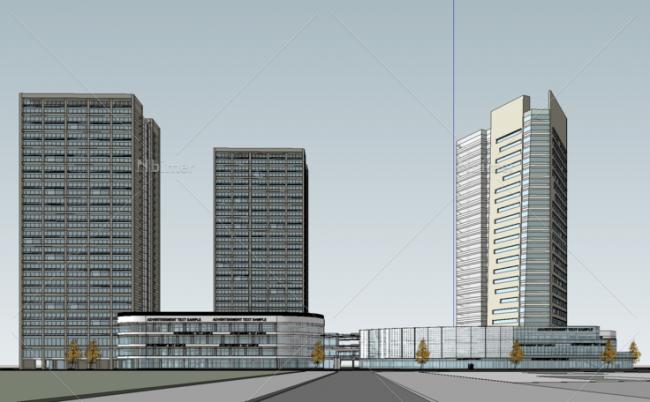 Sketchup商业模型|多高层混合办公楼商业街，裙房，现代风格
