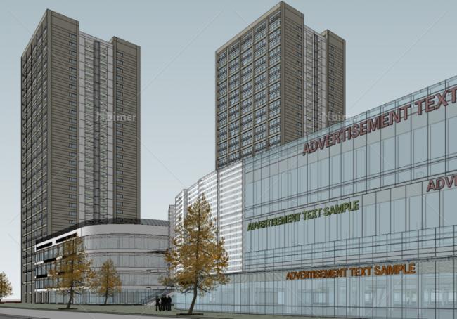 Sketchup商业模型|多高层混合办公楼商业街，裙房，现代风格