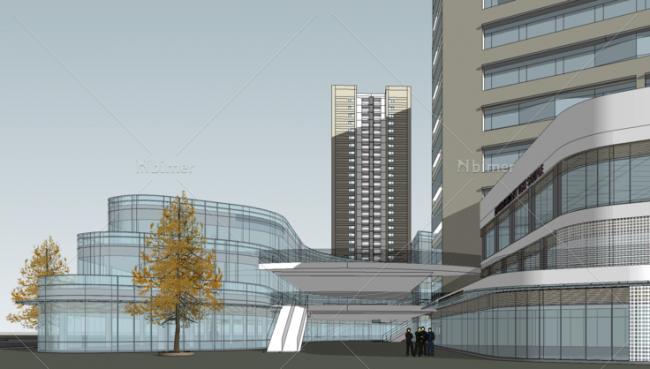 Sketchup商业模型|多高层混合办公楼商业街，裙房，现代风格