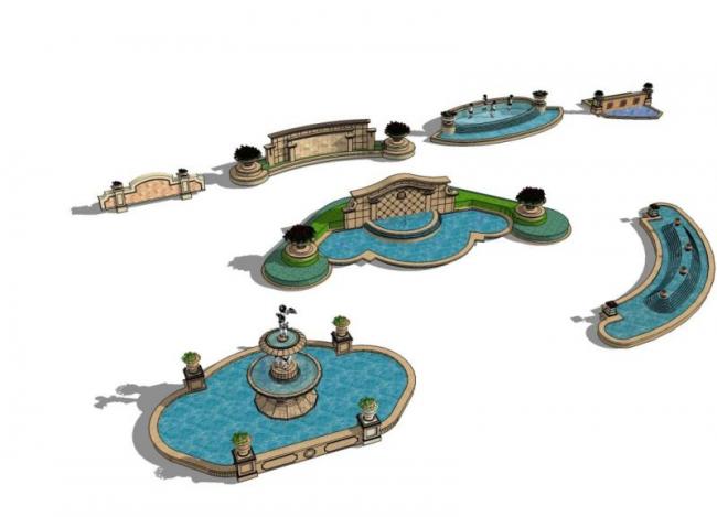 Sketchup素材模型|欧式喷水池喷泉素材模型组件，古典风格