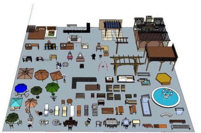 Sketchup素材模型|小区布置必备太阳伞花架水池长椅椅子等素材SU建筑模型素材组件