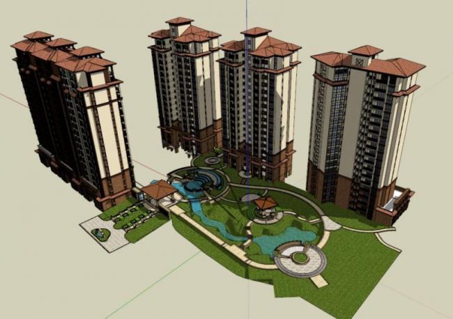 Sketchup住宅模型|高层住宅小区，居住建筑，坡屋顶，地中海风格，古典风格