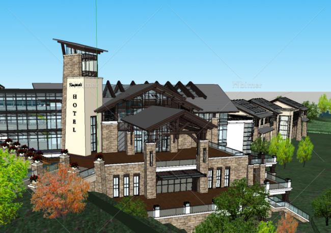 Sketchup酒店模型|凯宾斯基，山地酒店，台地，东南亚风格