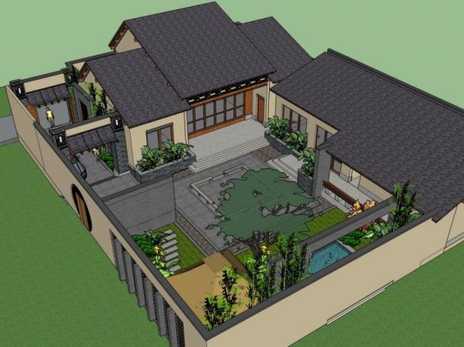 Sketchup酒店模型|多层民宿，中式风格