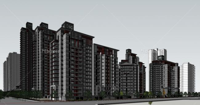 Sketchup住宅模型|中建西安大明宫，古典风格，高层住宅小区及景观庭院