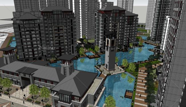 Sketchup住宅模型|中建西安大明宫，古典风格，高层住宅小区及景观庭院