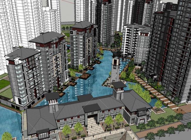 Sketchup住宅模型|中建西安大明宫，古典风格，高层住宅小区及景观庭院