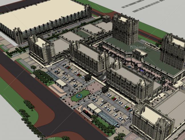 Sketchup综合体模型|多高层综合体，商业街办公楼公寓，古典风格