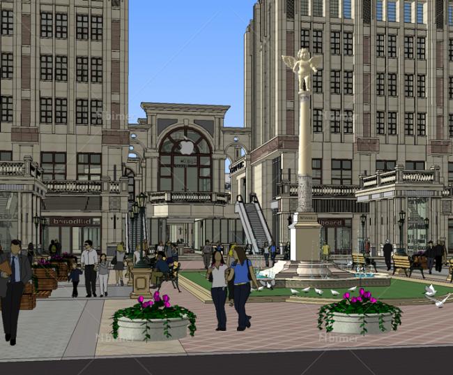 Sketchup综合体模型|多高层综合体，商业街办公楼公寓，古典风格