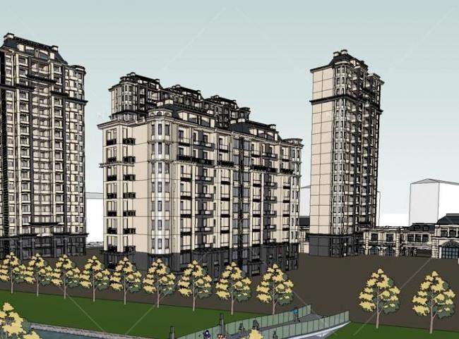 Sketchup住宅模型|高层住宅小区，居住建筑，法式风格古典风格欧式风格