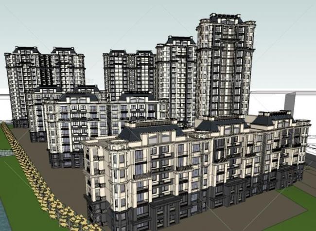 Sketchup住宅模型|高层住宅小区，居住建筑，法式风格古典风格欧式风格
