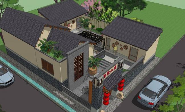Sketchup住宅模型|多层民宿，中式风格