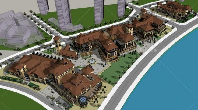 Sketchup商业模型|多层商业街，西班牙风格，古典风格