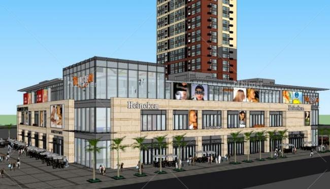 Sketchup综合体模型|商业综合体，高层住宅，底层商业，现代风格