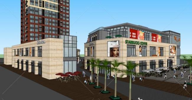 Sketchup综合体模型|商业综合体，高层住宅，底层商业，现代风格