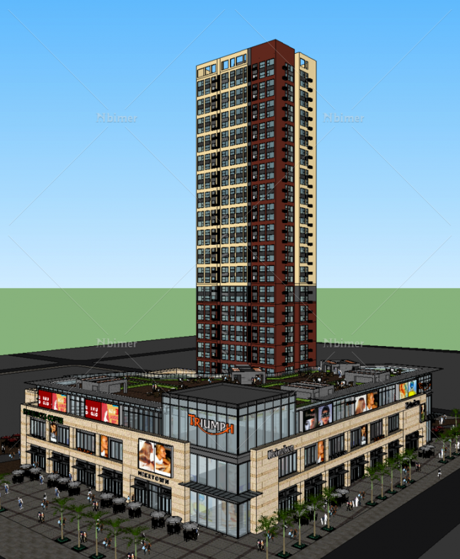 Sketchup综合体模型|商业综合体，高层住宅，底层商业，现代风格
