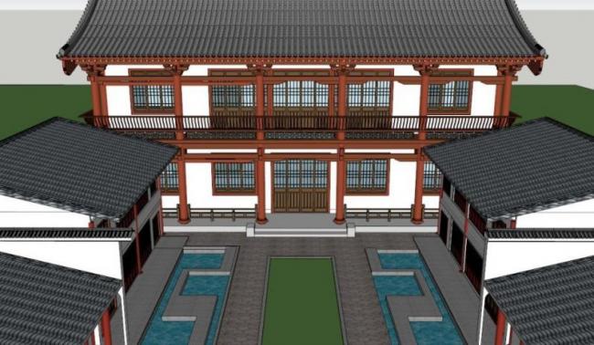 Sketchup住宅模型|多层四合院，现代中式风格