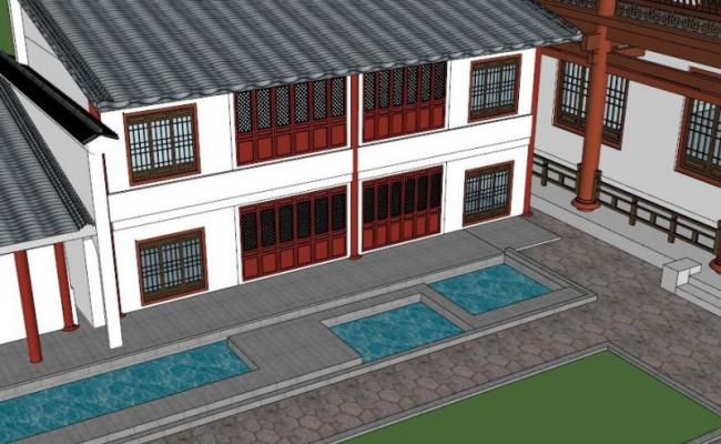 Sketchup住宅模型|多层四合院，现代中式风格