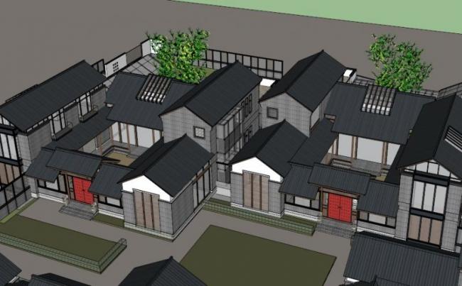 Sketchup住宅模型|多层徽派四合院，现代中式风格