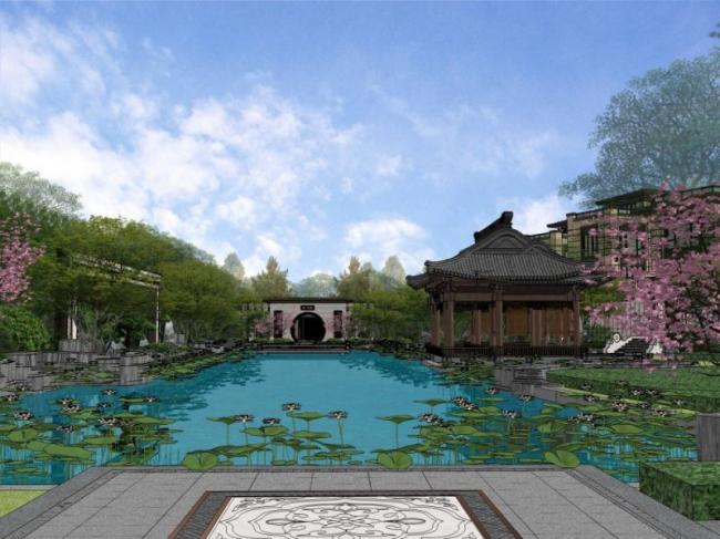 Sketchup景观模型|商业景观，庭院花园，中式风格