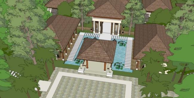 Sketchup酒店模型|度假村酒店，现代风格，坡屋顶