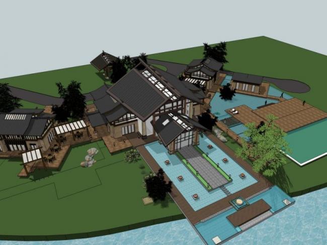 Sketchup酒店模型|多层酒店，现代中式风格