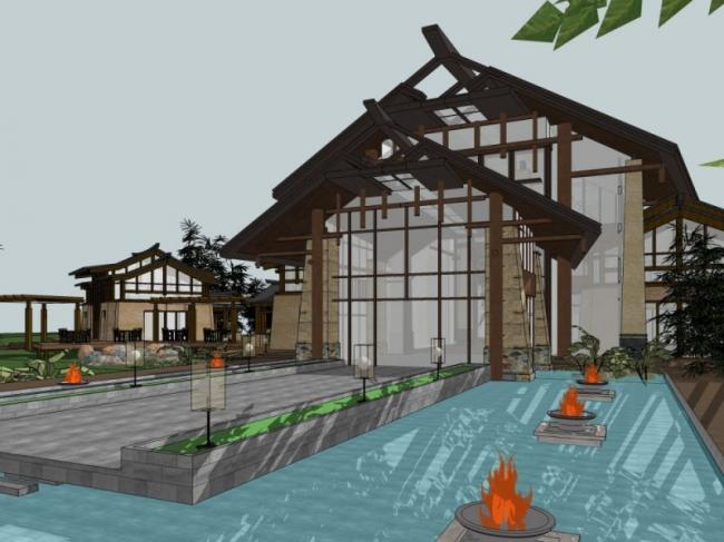Sketchup酒店模型|多层酒店，现代中式风格