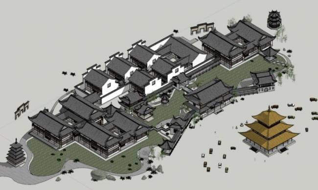 Sketchup古建筑模型|多层南方民居，古建筑群，中式风格
