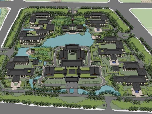 Sketchup酒店模型|度假村，多层酒店，现代中式风格