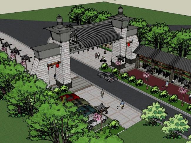Sketchup小品模型|景区大门，中式风格，小品