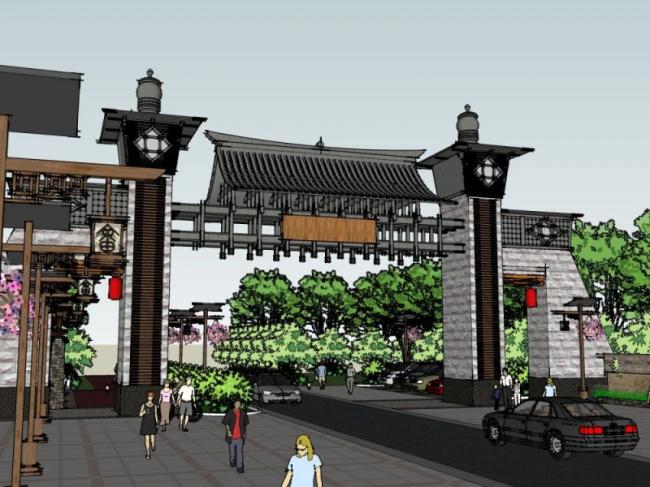 Sketchup小品模型|景区大门，中式风格，小品