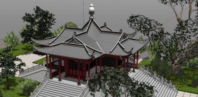 Sketchup古建筑模型|多层殿堂复杂屋顶的殿堂，中式风格，古建筑