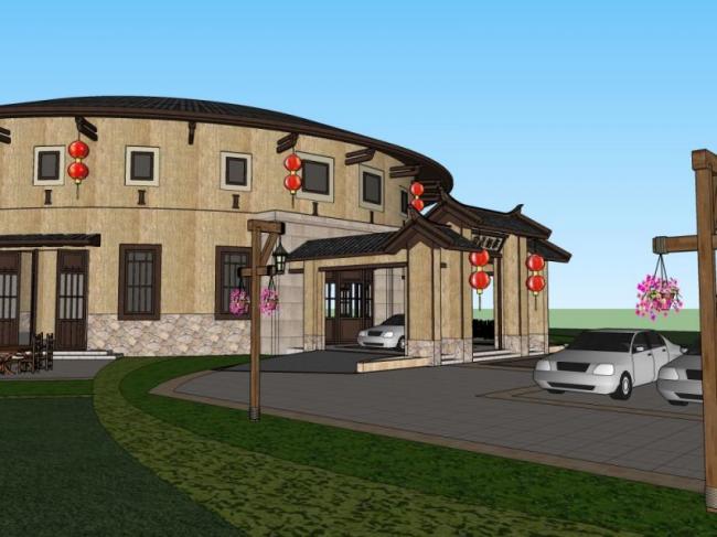Sketchup酒店模型|低层酒店，东方新古典