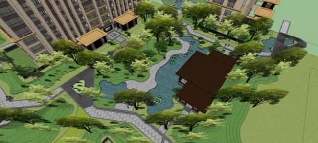 Sketchup景观模型|小区景观，住宅景观，新中式风格