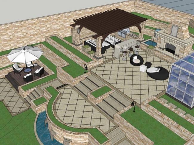 Sketchup景观模型|别墅庭院景观，古典风格