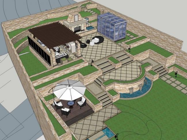 Sketchup景观模型|别墅庭院景观，古典风格