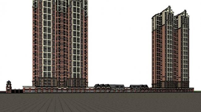 Sketchup住宅模型|高层住宅小区，底层商业，古典风格
