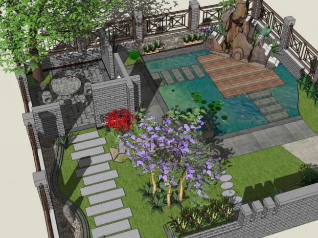 Sketchup景观模型|别墅庭院景观，中式风格