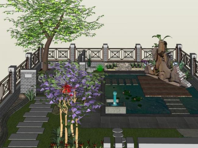 Sketchup景观模型|别墅庭院景观，中式风格