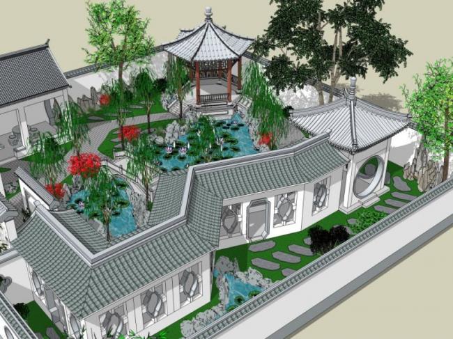 Sketchup景观模型|中式园林，中式江南园林，园林景观，中式风格