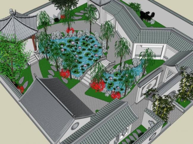 Sketchup景观模型|中式园林，中式江南园林，园林景观，中式风格