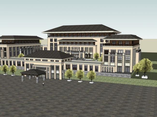 Sketchup酒店模型|多层酒店，现代中式风格