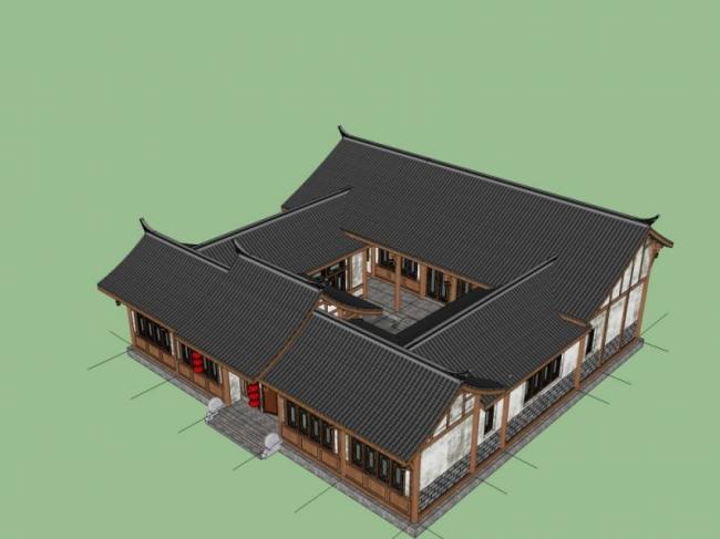 Sketchup住宅模型|多层四合院，居住建筑，中式风格