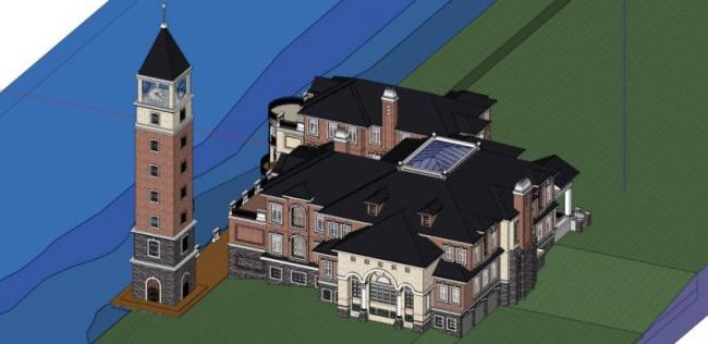 Sketchup文化模型|多层活动中心，带钟塔，文化建筑，古典风格
